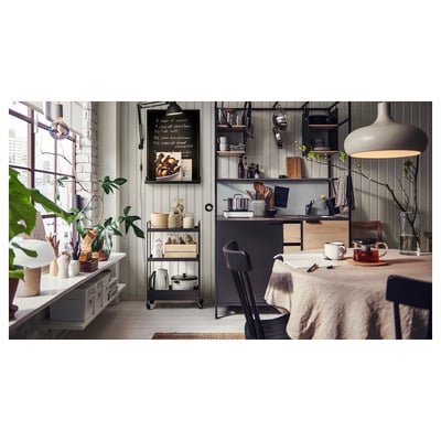 Kitchenette ÄSPINGE, noir et bois, moderne, évier en acier inoxydable, étagères réglables.