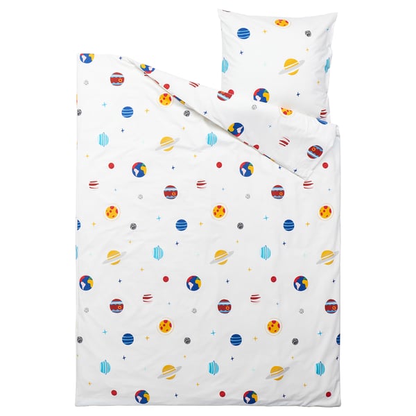 Housse de couette petites planètes et étoiles en blanc, convient aux lits pour enfants, mélange de coton, fermeture à glissière.