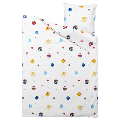 Ensemble de couette blanche sur le thème de l’espace avec des planètes, des étoiles et des lunes ; coton-viscose.