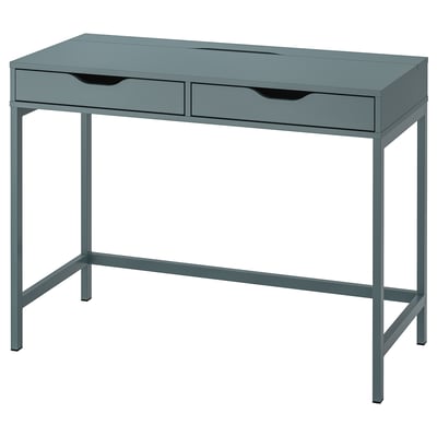 Un bureau ALEX en bleu. Son rectangulaire est composé de deux tiroirs, de pieds en métal et d’un design épuré.