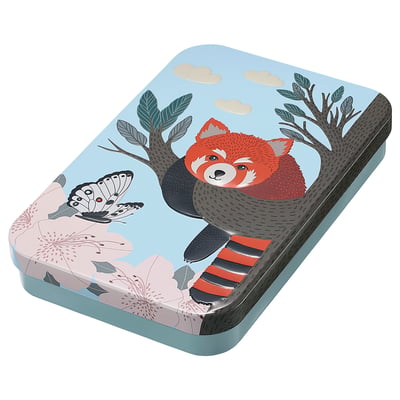 Adorable boîte en fer de panda rouge, ciel bleu, fleurs roses, forme rectangulaire courbée.