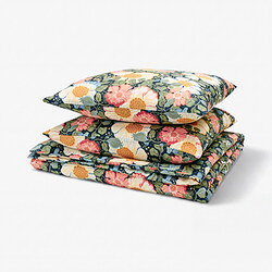 Ensemble de literie à motifs floraux, bleu foncé avec des fleurs roses et vertes, tissage soyeux en satin, forme rectangulaire, doux et luxueux.