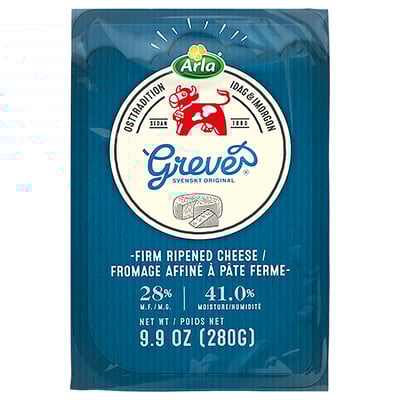 Emballage pour fromage affiné à pâte ferme ARLA GREVE. Bleu et blanc, 9. 9 onces