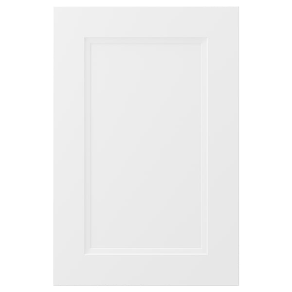La porte de cuisine AXSTAD est blanche avec un design simple de panneaux encastrés et des lignes douces, fabriquée à partir de panneaux de fibres avec des surfaces en aluminium.
