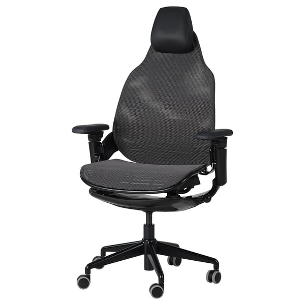 Chaise de jeu Bästbol, noir, dossier en maille, appui-tête réglable, accoudoirs et soutien lombaire, dossier haut, roulettes.