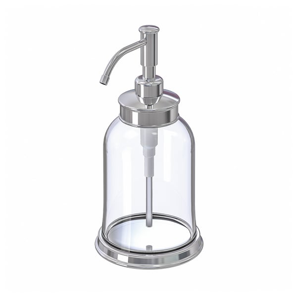 Distributeur de savon chromé BALUNGEN, verre transparent, forme cylindrique, design poli.