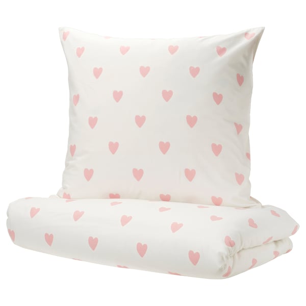 BARNDRÖM Housse de couette et 1 taie, motif coeur blanc/rose, 150x200/65x65 cm