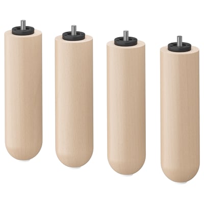 Quatre pieds en bois de couleur claire avec vis noires et inserts en plastique.