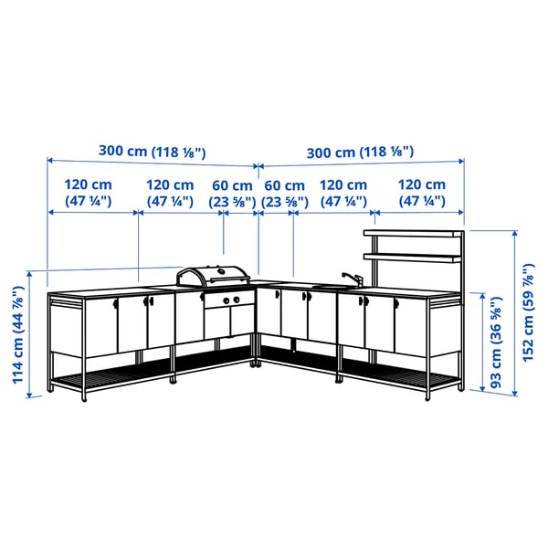 BÅTSKÄR Cuisine ext barbecue charbon+meuble, gris foncé, 300x300 cm