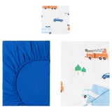 Ensemble de couette BERGFINK bleu avec motifs de voiture, ajustement élastique sûr.