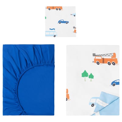 Ensemble de couette BERGFINK bleu avec motifs de voiture, ajustement élastique sûr.