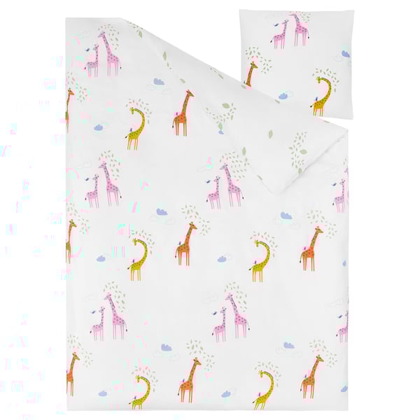 Couette et oreiller sur le thème des girafes, blanc avec girafes orange/roses.