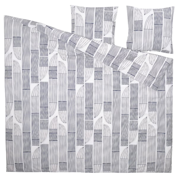 L’ensemble de literie Bergkorsort, blanc avec motif de feuilles grises, coton/viscose, comprend des housses de couette et d’oreiller.