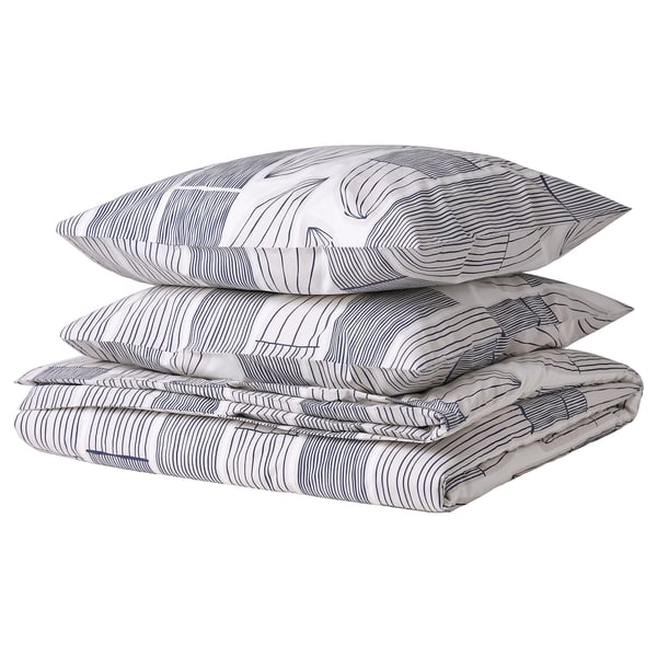 Parure de lit BERGKORSÖRT, gris clair, design minimaliste en feuilles, 3 pièces : couette, 2 oreillers, mélange coton-viscose.