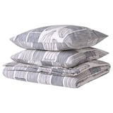 Parure de lit BERGKORSÖRT, gris clair, design minimaliste en feuilles, 3 pièces : couette, 2 oreillers, mélange coton-viscose.