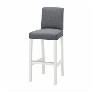 Tabouret de bar Bergrund : gris, assise en tissu, pieds en métal blanc, dos carré.