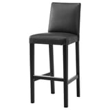 Tabouret de bar moderne en cuir noir avec dossier haut et pieds en métal.