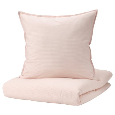 Ensemble de couette BERGPALM rose clair, coton, motif à rayures, avec taie d’oreiller. Classique et accueillant.