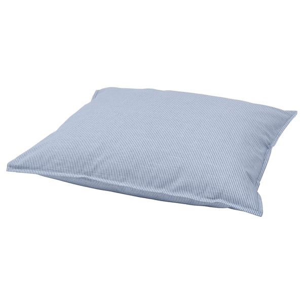 Taie d’oreiller carrée rayée bleu clair avec fermeture enveloppe, en 100 % coton doux, reposant à plat.