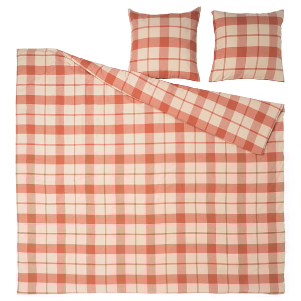 Parure de lit BESKSÖTEMAL à carreaux : couette rouge-brun et 2 taies d’oreiller, flanelle de coton, finition douce.