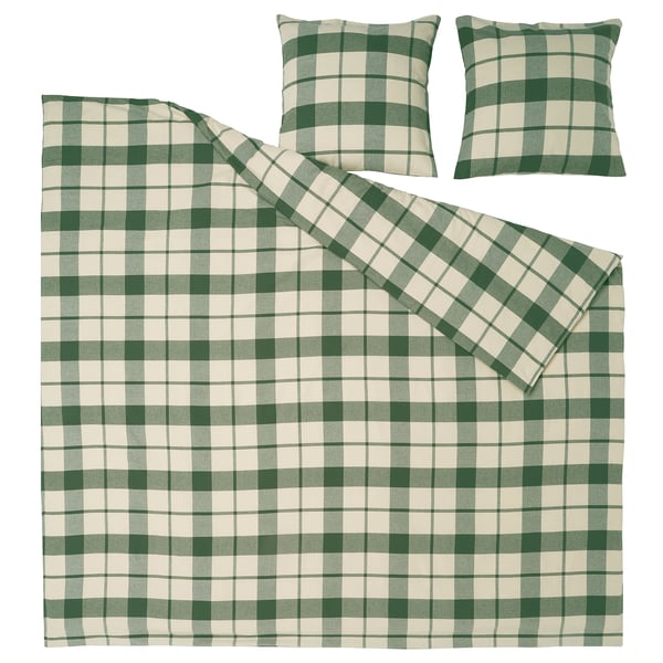 Parure de lit à carreaux verts et blancs comprenant une housse de couette et deux taies d’oreiller, en flanelle 100 % coton.