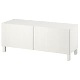 Meuble TV BESTÅ, blanc, rectangulaire, avec quatre portes et pieds carrés, design élégant et moderne.