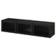 Banc TV BESTÅ noir, rectangulaire avec portes vitrées, design épuré, rangement et gestion des câbles.