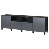 Banc tv ikea BESTÅ noir avec 2 armoires, 1 compartiment ouvert, tiroirs, étagères réglables.