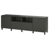 Meuble TV BESTÅ noir : moderne, rectangulaire, foncé ; pieds en bois, larges avec étagères ouvertes, rangement.