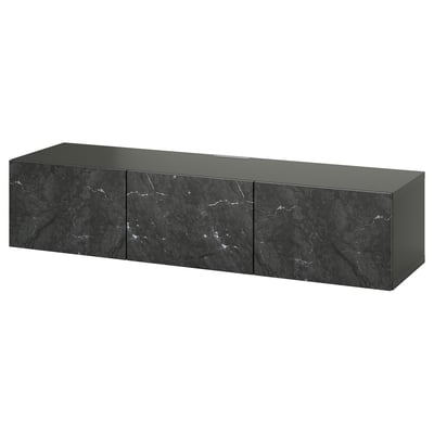 Banc TV BESTÅ, noir, moderne avec des façades en marbre.