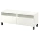 Banc TV BESTÅ blanc avec deux tiroirs et étagère ouverte. Design moderne et minimaliste avec quatre pieds carrés surélevés.