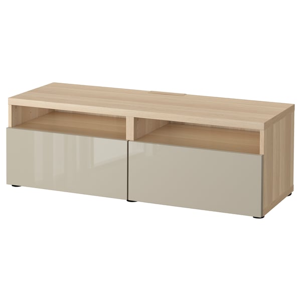 Besta Banc Tv Avec Tiroirs Effet Chene Blanchi Selsviken Brillant Beige Ikea