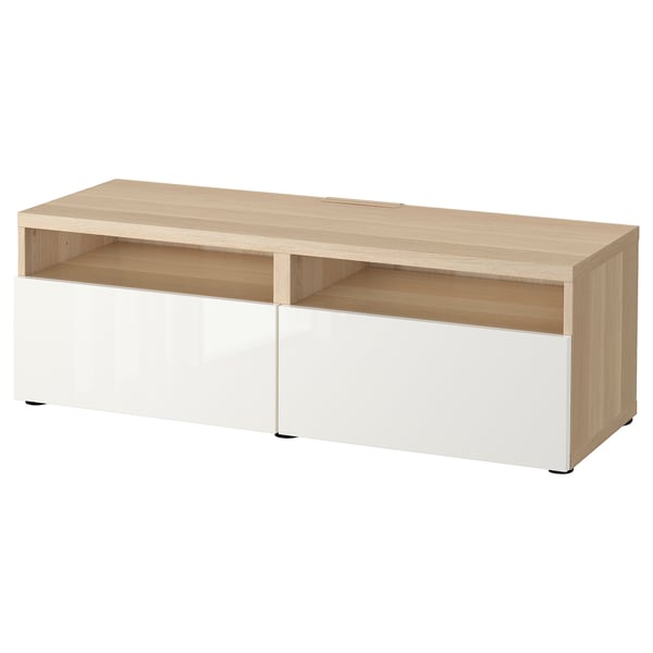 Besta Banc Tv Avec Tiroirs Effet Chene Blanchi Selsviken Brillant Blanc Ikea