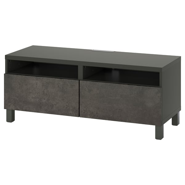 Meuble TV noir moderne, BESTÅ, avec deux tiroirs et des étagères ouvertes. Conçu pour la gestion et le stockage des câbles.
