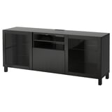 Meuble tv BESTÅ noir, design moderne et élégant avec portes en verre et cadre en bois, rangement et gestion des câbles.