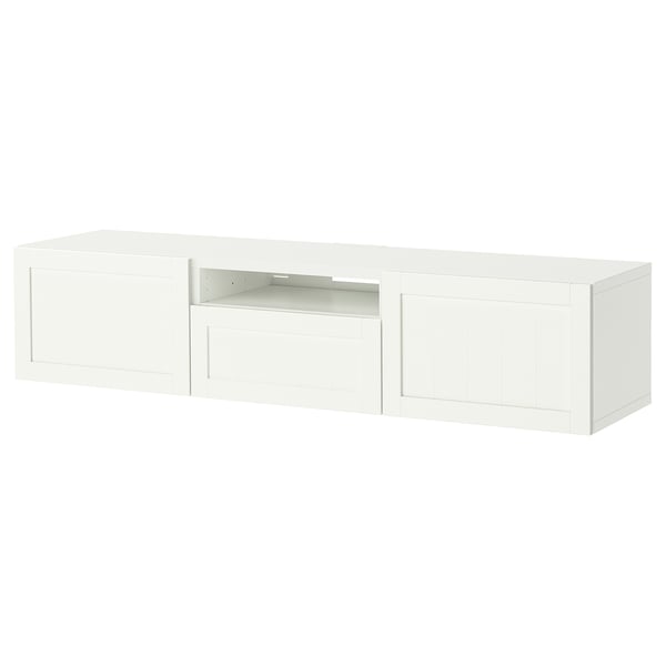 Banc TV BESTÅ blanc avec deux tiroirs et section ouverte.