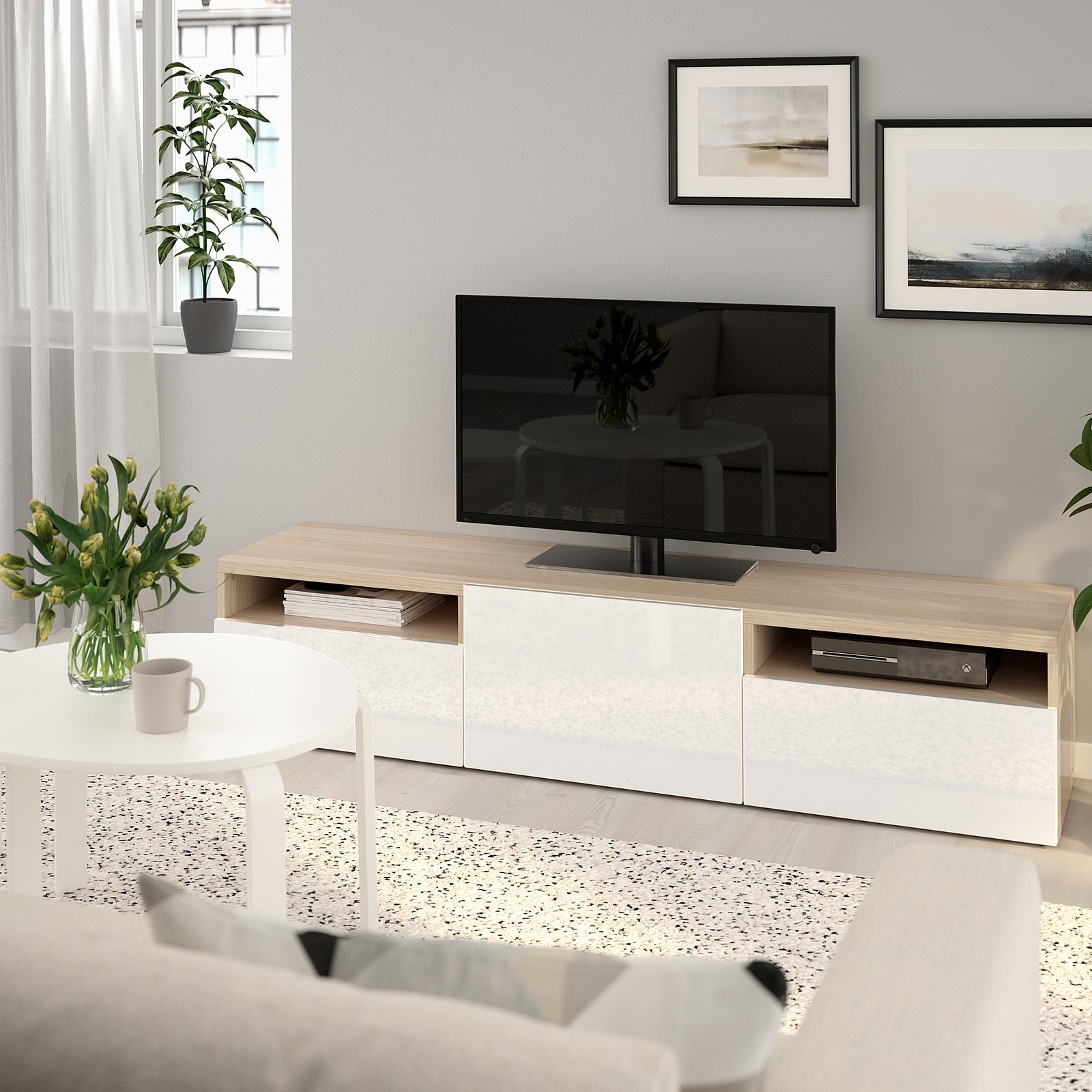 BESTÅ Banc TV effet chêne blanchi/Selsviken brillant/blanc IKEA