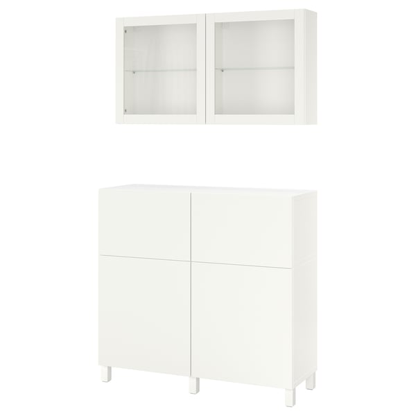 Ensemble de rangement BESTÅ blanc avec armoire murale, portes en verre et design élégant. Moderne, minimaliste et polyvalent.