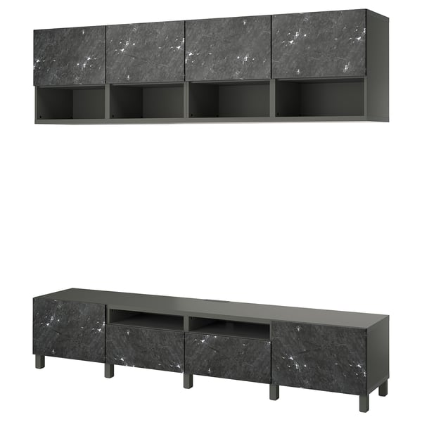 Ensemble de meubles modernes en marbre noir texturé, comprenant un banc TV et une unité murale avec étagères et tiroirs réglables.