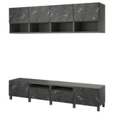 Ensemble de meubles modernes en marbre noir texturé, comprenant un banc TV et une unité murale avec étagères et tiroirs réglables.