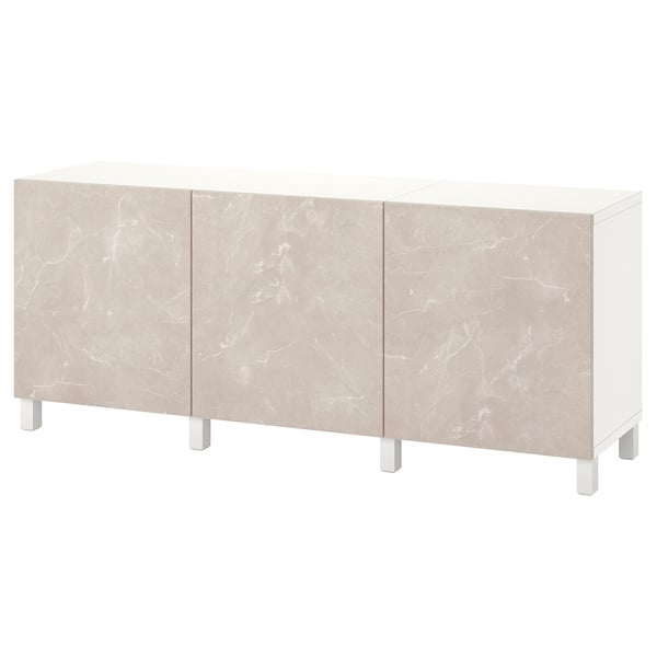 Buffet BESTÅ blanc, rectangulaire, panneaux effet marbre, quatre pieds.