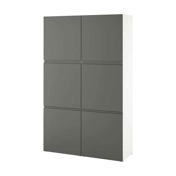 Une unité de rangement BESTÅ blanche avec six portes grises, un design minimaliste moderne, offrant un rangement organisé.