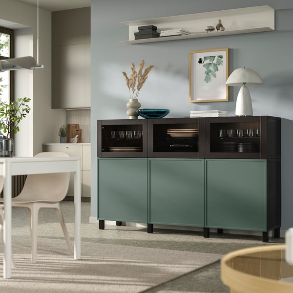 BESTÅ Combinaison rangement portes, brun noir/Krukmakare gris-vert foncé, 180x42x112 cm