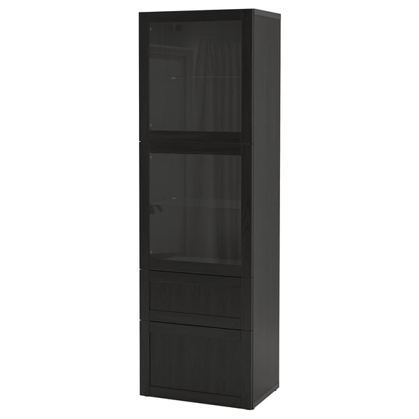 Armoire BESTÅ noire avec portes en verre, étagères et tiroirs pour le rangement et l’exposition.
