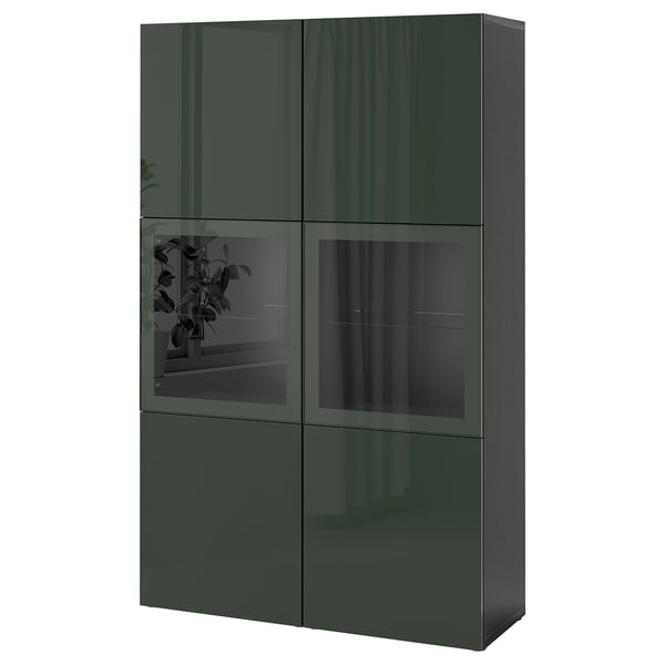 Armoire verte BESTÅ avec portes vitrées, haut et bas solides, étagères réglables.