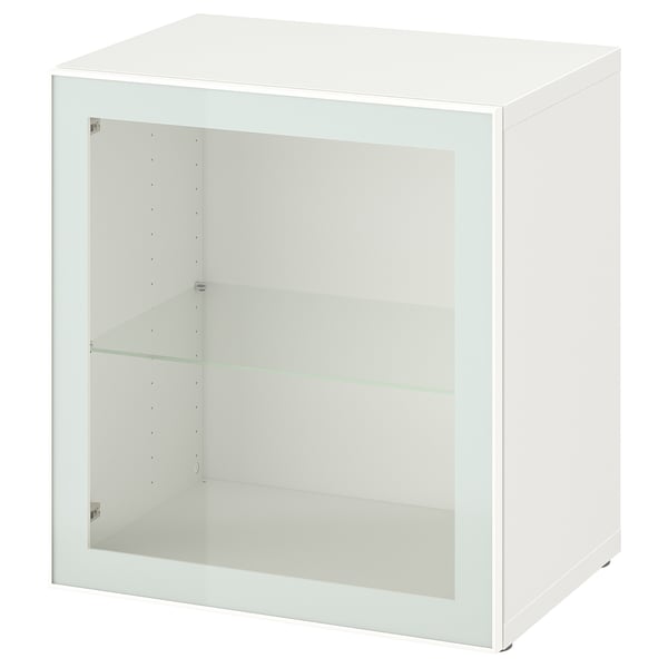Un meuble de rangement BESTÅ blanc avec une porte en verre et une étagère en verre, de forme carrée, au design minimaliste.