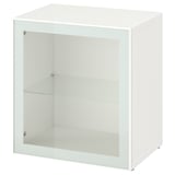 Un meuble de rangement BESTÅ blanc avec une porte en verre et une étagère en verre, de forme carrée, au design minimaliste.