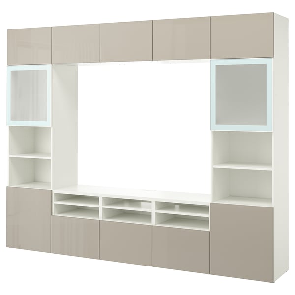 Meuble tv BESTÅ, blanc et beige, unités murales et au sol, verre et étagères, solution de rangement moderne.