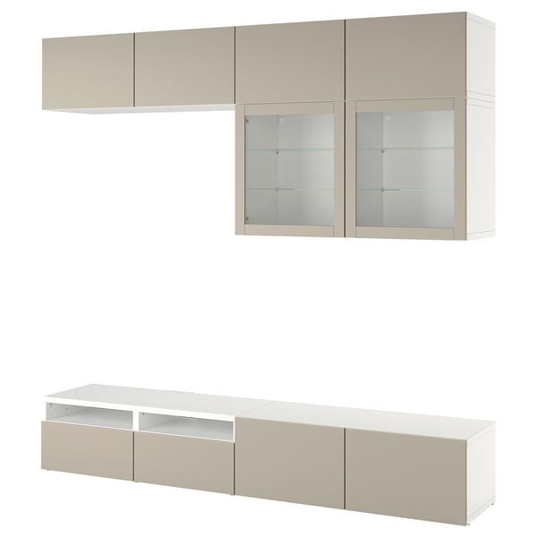 BESTÅ Meuble tv et unités murales, beige, portes vitrées, tiroirs à fermeture amortie.