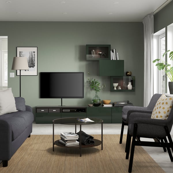 Salon moderne avec canapé gris, meuble TV vert, plantes et parquet.